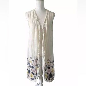 Francesca Bettini Women's Ivory  Linen Cardigan Long Floral Sleeveless One Size